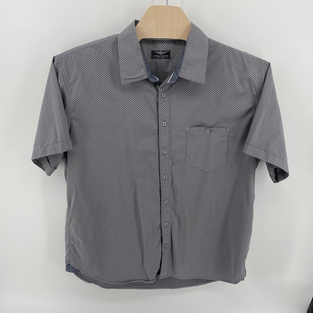 Across The Pond Mens 2XL Grey Geometric Diamond Print Cotton Button Down Shirt